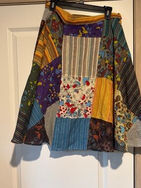 Patchwork A-Line wrap Skirt in Multicolor Floral and Stripe
